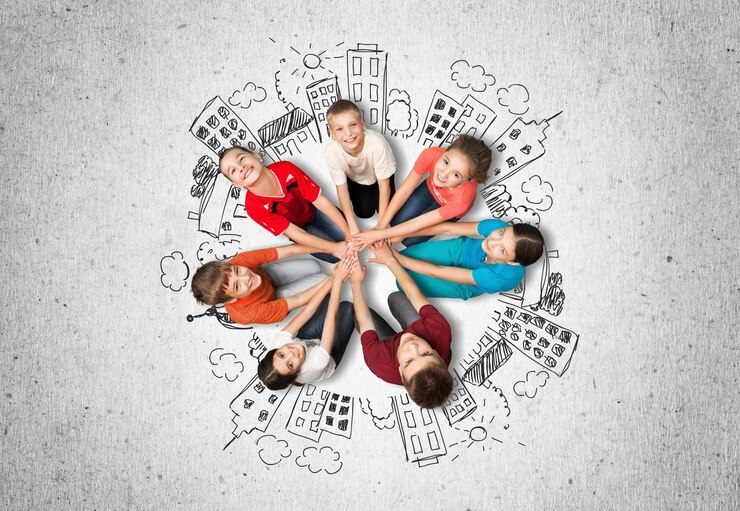 Fotografie smiling young business people on buildings drawings
