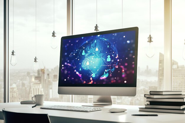Social network media concept with world map on modern computer monitor 3D Rendering