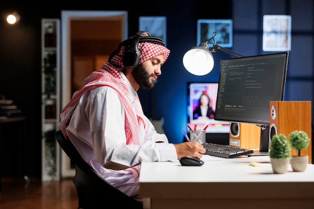 Software developer using headphones