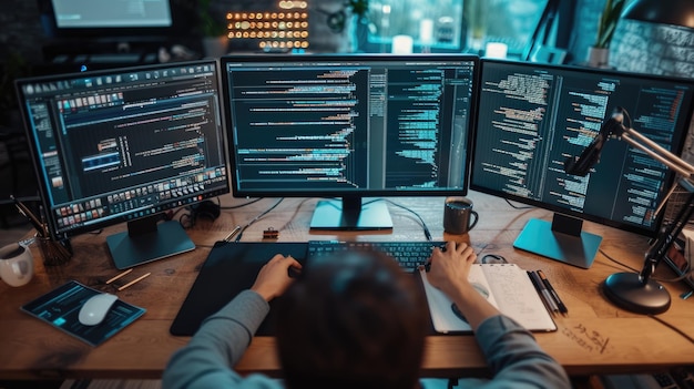 software developer working on code in dual monitor setup aig41