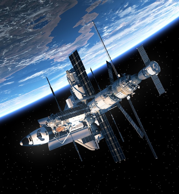 space shuttle and space station orbiting earth