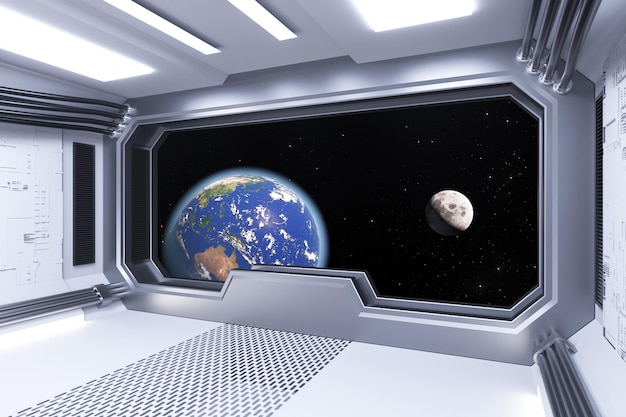 spaceship white room interior with view on space and earth planet elements of this image furnished by nasa 3d rendering