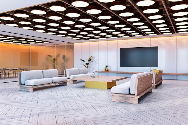 spacious modern waiting area with elegant furniture and unique ceiling design 3d rendering