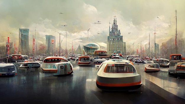 spectacular futuristic cars in a dense city digital art 3d illustration