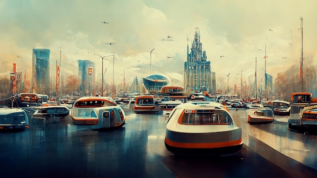 spectacular futuristic cars in a dense city digital art 3d illustration