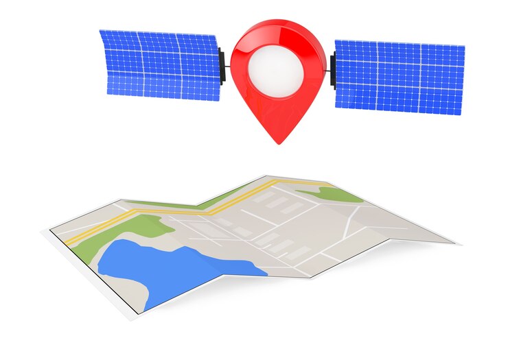 Fotografie špendlík mapy jako satelit nad složenou abstraktní navigační mapou na bílém pozadí. 3d renderování