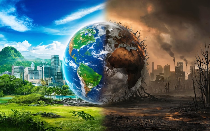 Fotografie split screen illustration of global warming and climate change concept of earth