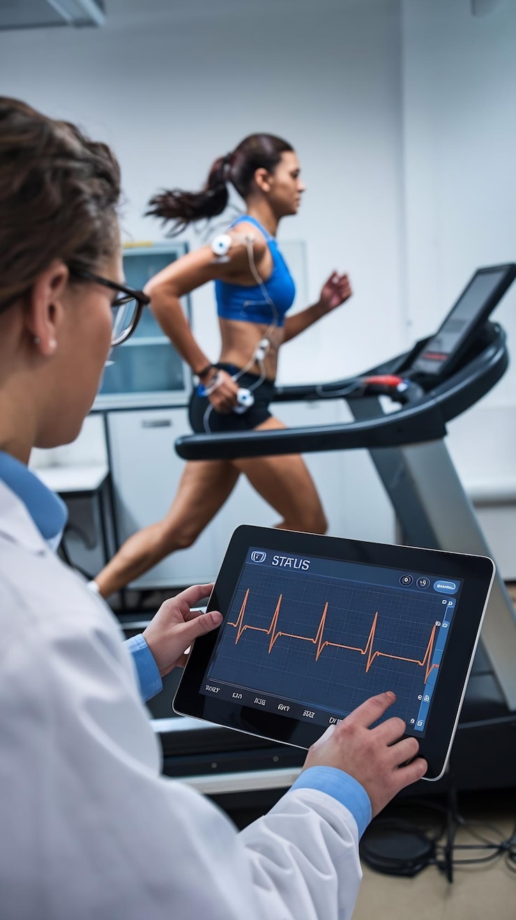 Fotografie sport scientist supervises touches display showing ekg status while in the background woman athlete
