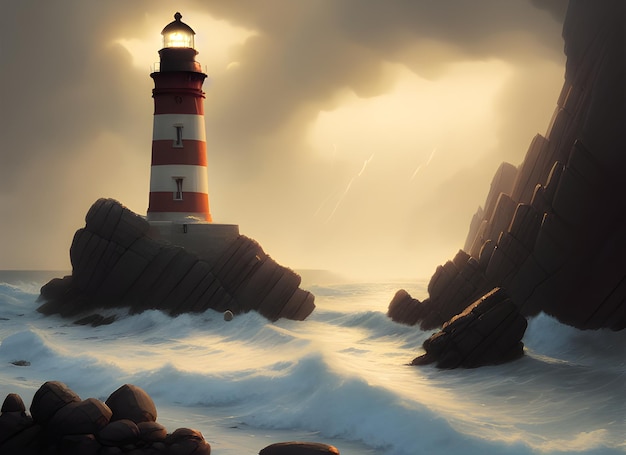 storm at sea, waves hitting the shore of the lighthouse.