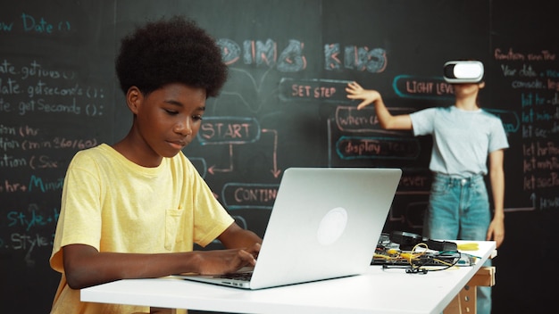 student programing and coding system while girl enter in metaverse edification