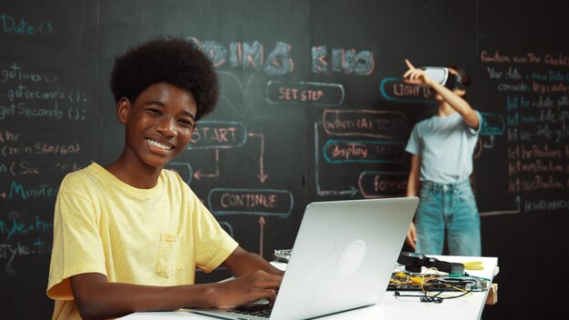 student programing and coding system while girl enter in metaverse edification