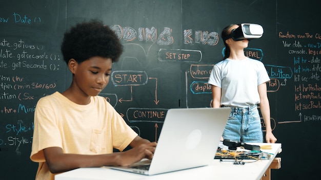 student programing and coding system while girl enter in metaverse edification