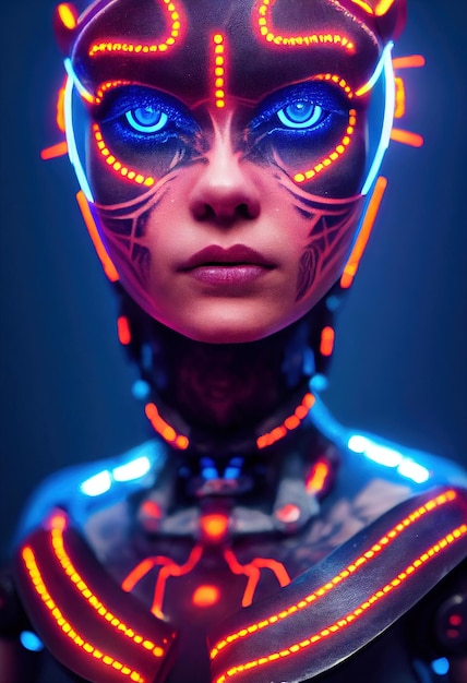 stylish unusual fashionable fictional woman with amazing tattoos on her body and face