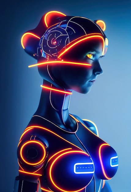 Stylish unusual fashionable fictional woman with amazing tattoos on her body and face