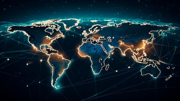 Supply Chain Network digital illustration of a world map with interconnected transportation routes for international logistics Generative AI