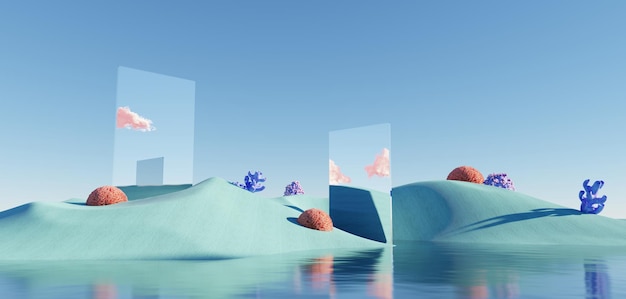 Surreal Beautiful Dream land background Abstract Dune in winter season landscape with geometric arch Fantasy island scenery with water and natural cloudy sky Metallic mirror arch 3d render