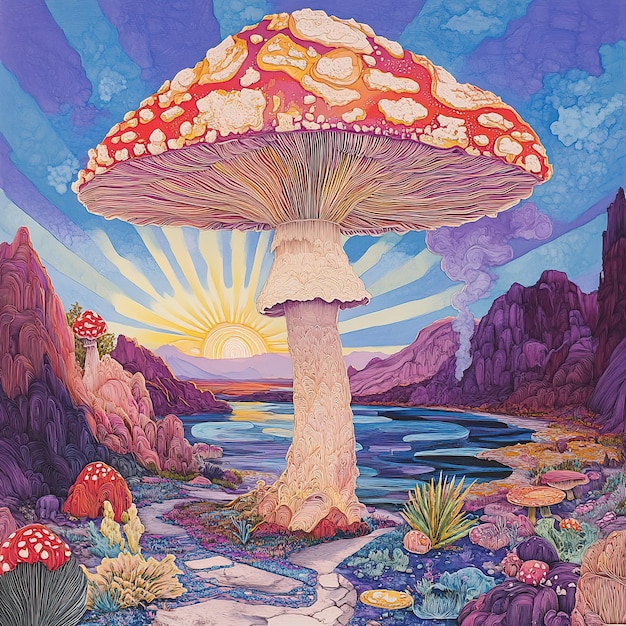 Surreal landscape with giant mushroom sunrise and vibrant colors