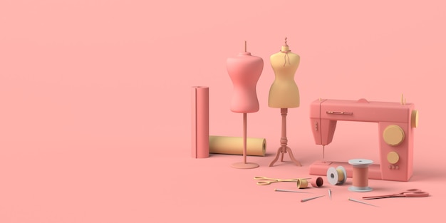 Tailoring shop with mannequins fabrics thimbles and sewing machine Sewing store Copy space