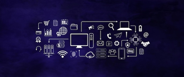 technology equipment and line interface icons computer system resources and data storage cloud service technology marketing and business concept for background