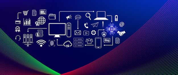 technology equipment and line interface icons computer system resources and data storage cloud service technology marketing and business concept for background