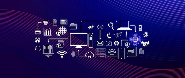 technology equipment and line interface icons computer system resources and data storage cloud service technology marketing and business concept for background