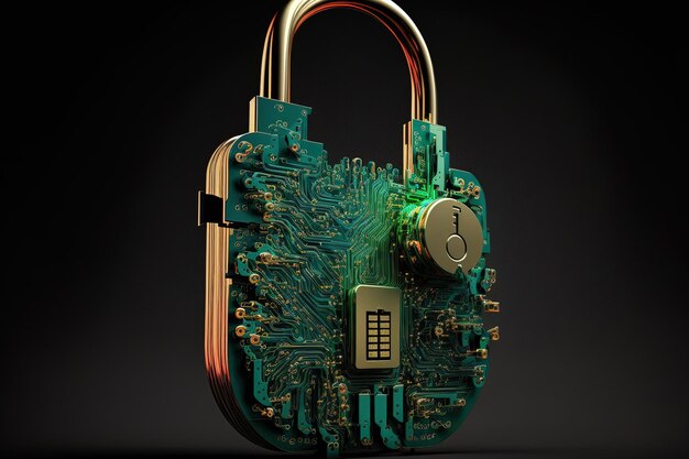 Technology security notion of a computer circuit board with a lock