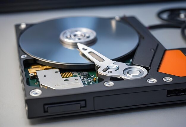 The abstract image of inside of hard disk drive on the technicians desk and a computer motherboard as a component the concept of data hardware and information technology