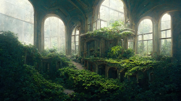the ancient building is captured by nature and vegetation 3d render. raster illustration.