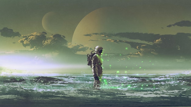 the astronaut standing by the sea against background of the planet, digital art style, illustration painting