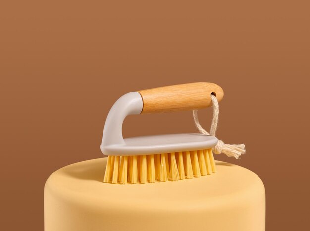 The cleaning brush on the podium Composition with cleaning supplies