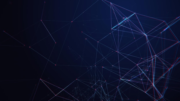 the concept of a network connection with a glitch effect technological blue background with lines and dots big data 3d rendering