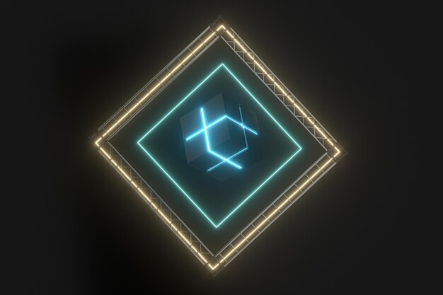 the cube floats above the glowing cubes 3d rendering