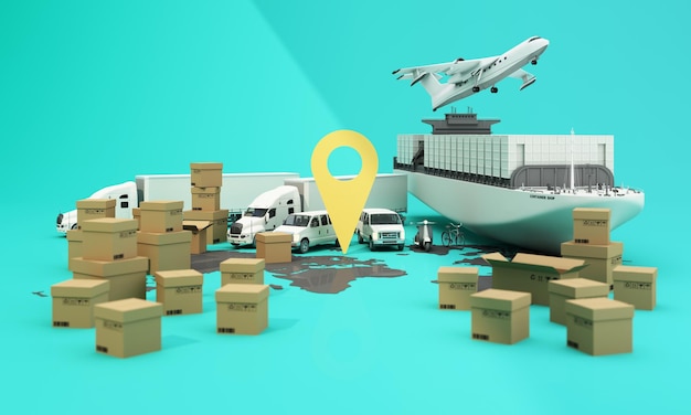 the earth world map surrounded by cardboard boxes a cargo container ship a flying plane a car a van and a truck with gps location on green background 3d rendering