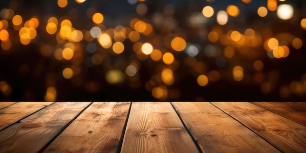 The empty wooden table top with blur background of restaurant at night Exuberant