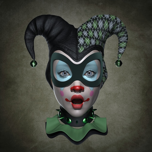 the head of a clown in a headdress. 3d illustration