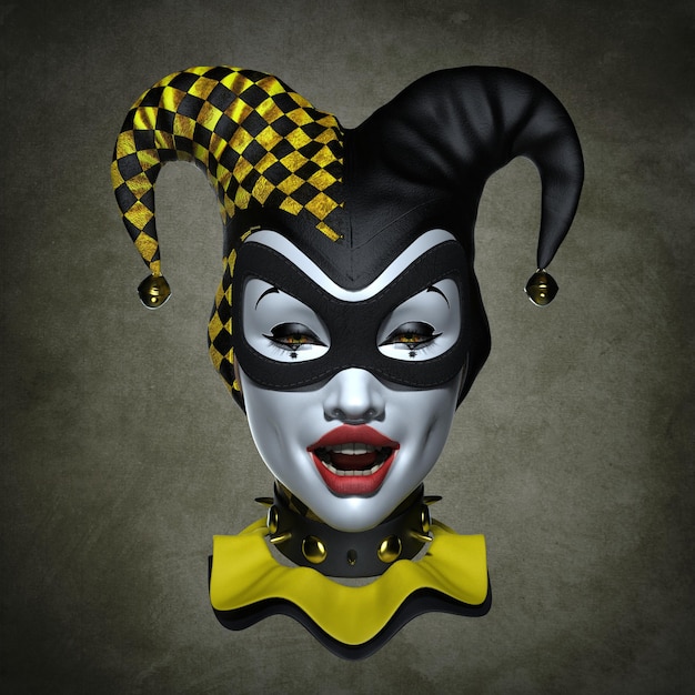 the head of a clown in a headdress. 3d illustration