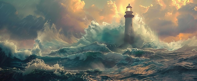 The lighthouse surrounded by tumultuous waves stands resilient against the onslaught of the oceans fury