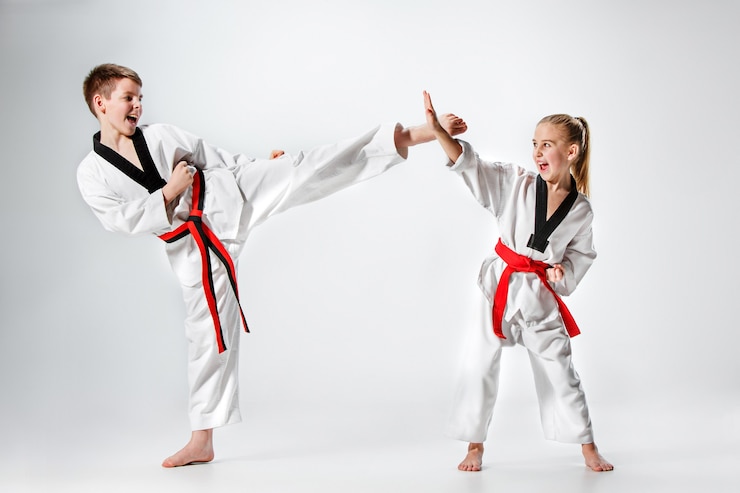 Fotografie the studio shot of group of kids training karate martial arts