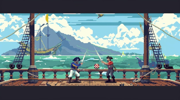The two pirates are fighting on the deck of a ship The ship is sailing in a rough sea In the background there is an island with a volcano