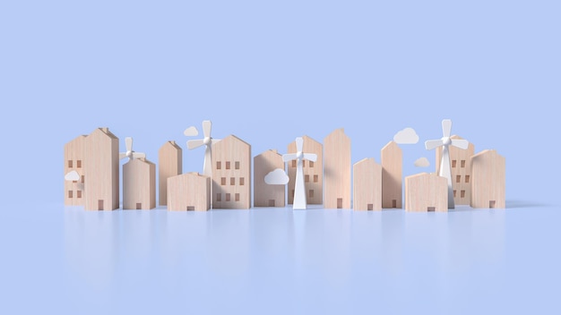 the wood building and wind turbine for property concept 3d rendering