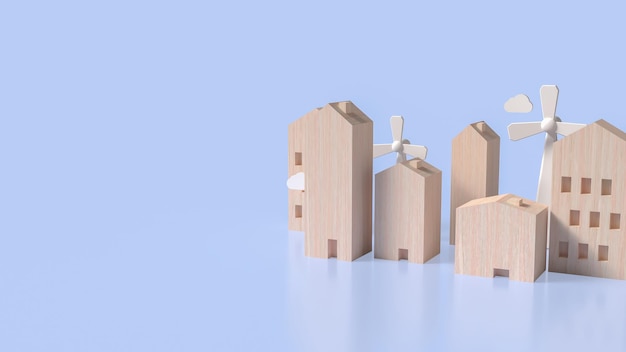 the wood building and wind turbine for property concept 3d rendering