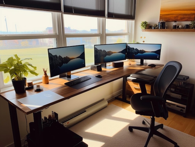 there are two monitors on the desk in front of the window generative ai