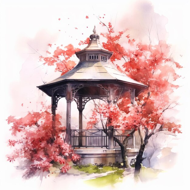 There is a gazebo with a bench under a tree with red leaves generative ai