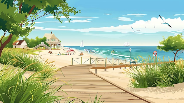 This is a beautiful summer day at the beach The sun is shining the waves are crashing and the seagulls are flying overhead