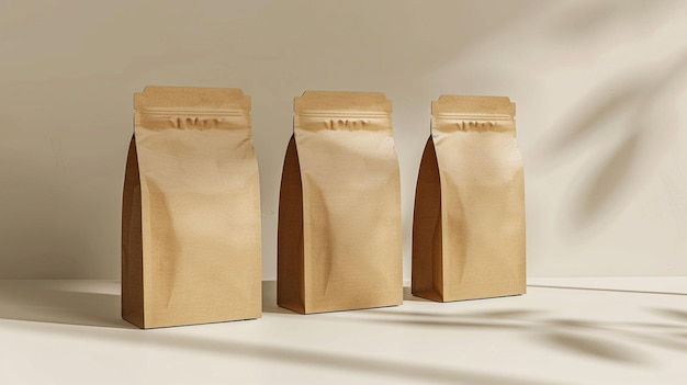 three brown paper bags are lined up on a white surface