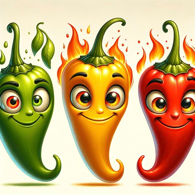 three faces of three chili peppers with the eyes on them