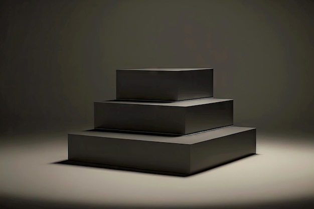 Three multisized flattened squares of black and gray color on dark background with white backlight beam 3D abstract