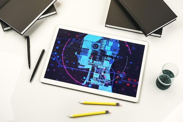 top view of modern digital tablet screen with creative human head microcircuit future technology and ai concept 3d rendering