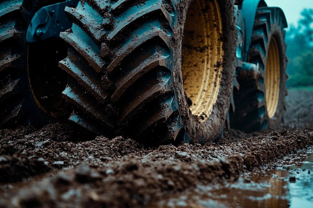 Tractor tires create deep tracks in muddy farmland during early morning cultivation