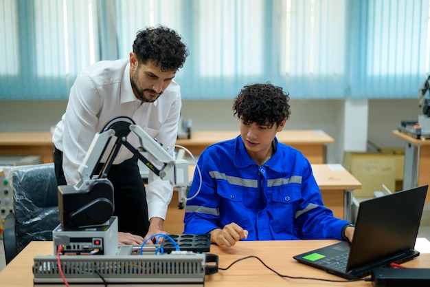 Trainee Robotics engineer learning with Programming and Manipulating Robot Hand
